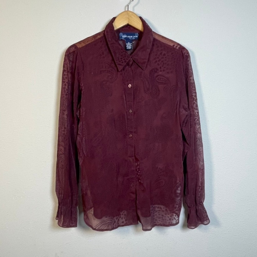 Susan Graver Sheer Paisley Blouse Women L Burn Out Burgundy Boho Whimsigoth
